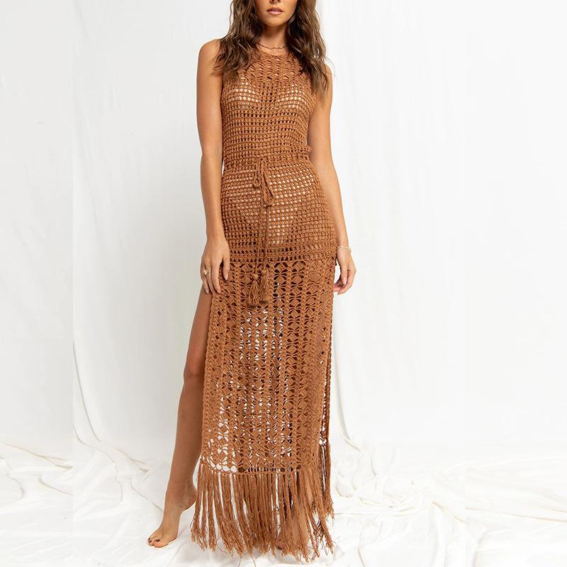 Kanten strand cover-up met franjes over een bikini